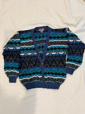 Vintage Concrete Mix Coogiesque Knit Cardigan Sweater Blue Green Black Geometric